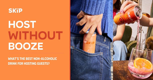 SKÏP host without booze graphic showing cold-pressed CBD drinks being served as a non-alcoholic option for guests.