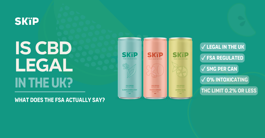 SKÏP cold-pressed CBD drink cans in Elderflower & Mint, Peach & Ginger, and Lemon & Basil flavours shown in a lifestyle product shot.