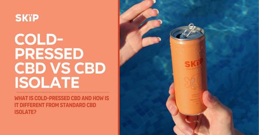 SKÏP cold-pressed CBD cans in different flavours being held outdoors, showing peach and ginger, lemon and basil, and mint CBD drinks.