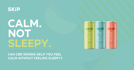 SKÏP cold-pressed CBD cans in lemon and basil, elderflower and mint, and peach and ginger flavours beside the text Calm. Not Sleepy.
