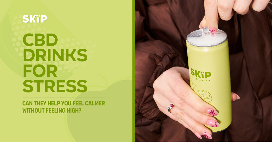 SKÏP lemon and basil cold-pressed CBD drink being opened beside the text CBD Drinks for Stress, can they help you feel calmer without feeling high?