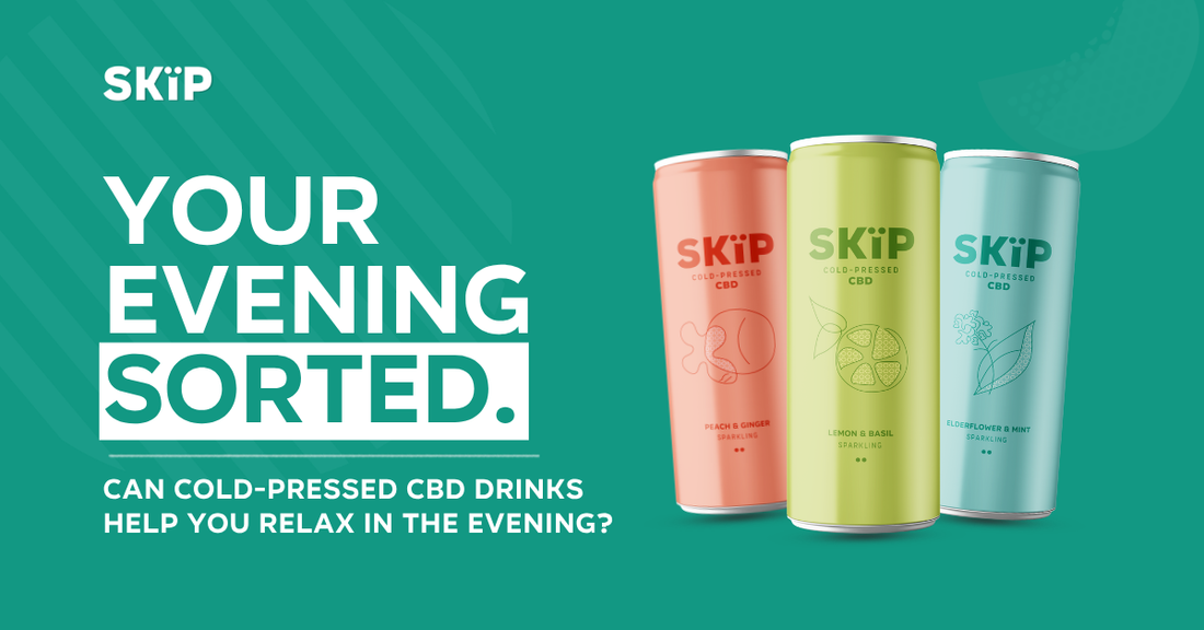 SKÏP lemon and basil and elderflower and mint cold-pressed CBD drinks being held outdoors beside an elderflower and mint can with Great Taste 2025 badge.