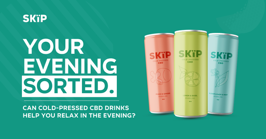 SKÏP lemon and basil and elderflower and mint cold-pressed CBD drinks being held outdoors beside an elderflower and mint can with Great Taste 2025 badge.