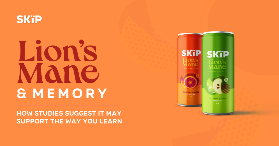 SKÏP Lion’s Mane sparkling drinks in Blood Orange and Cloudy Apple flavours on an orange background with text about lion’s mane and memory.