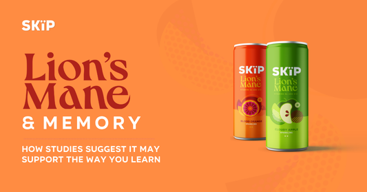 SKÏP Lion’s Mane sparkling drinks in Blood Orange and Cloudy Apple flavours on an orange background with text about lion’s mane and memory.