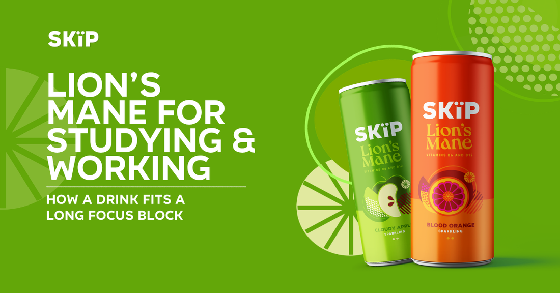 SKÏP Cloudy Apple and Blood Orange Lion’s Mane drinks beside the text “Lion’s Mane for studying & working.”