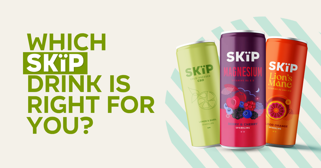 SKÏP Lemon & Basil CBD, Berry & Cherry magnesium and Blood Orange Lion’s Mane cans beside the text “Which SKÏP drink is right for you?”