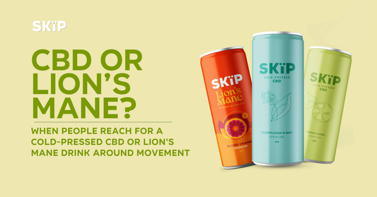 SKÏP CBD and Lion’s Mane drink cans beside the text “CBD or Lion’s Mane?” explaining when people choose each drink around movement.