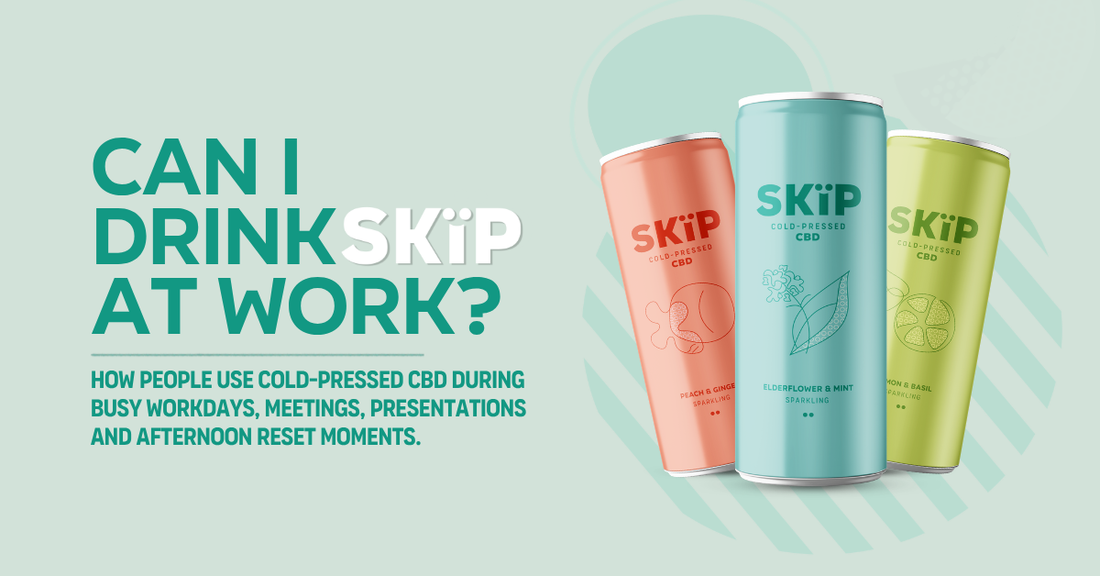 SKÏP CBD drink cans beside the text “Can I drink SKÏP at work?” with references to workdays, meetings, presentations and afternoon reset moments.
