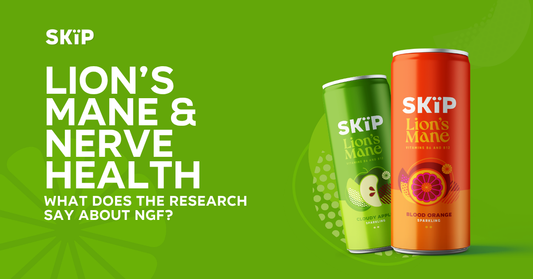 SKÏP Cloudy Apple and Blood Orange Lion’s Mane cans beside the text “Lion’s Mane & nerve health: What does the research say about NGF?”