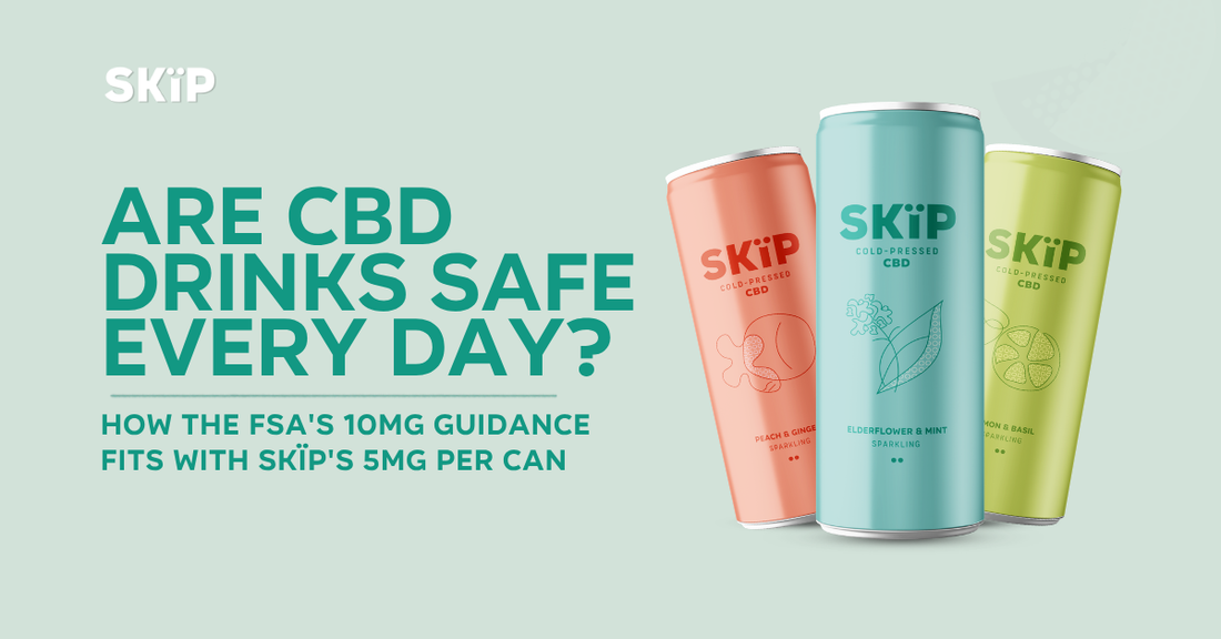 SKÏP CBD drink cans beside text explaining whether CBD drinks are safe every day under FSA 10mg guidance.