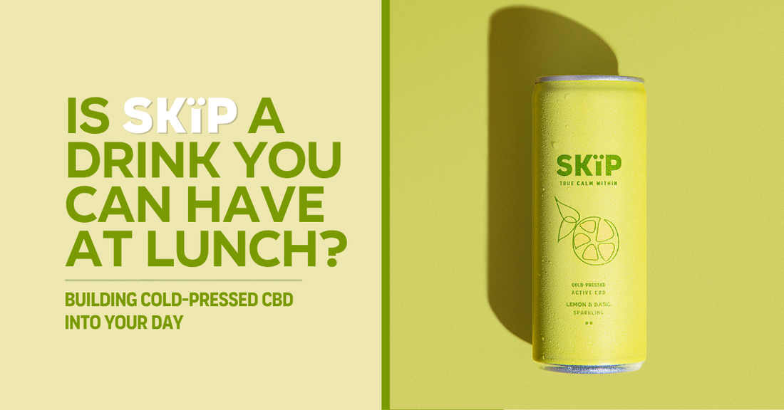 SKÏP blog graphic asking if SKÏP is a drink you can have at lunch, with a Lemon & Basil cold-pressed CBD can.