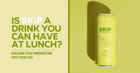 SKÏP blog graphic asking if SKÏP is a drink you can have at lunch, with a Lemon & Basil cold-pressed CBD can.