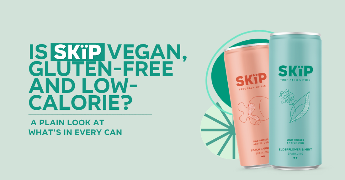 SKÏP cold-pressed CBD cans beside the text “Is SKÏP vegan, gluten-free and low-calorie?”