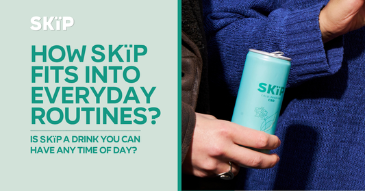 Person holding a blue SKïP cold-pressed CBD can beside the headline “How SKïP fits into everyday routines?”