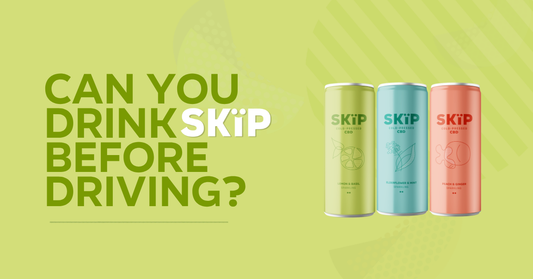 SKïP Lemon & Basil, Elderflower & Mint and Peach & Ginger CBD cans beside the headline “Can you drink SKïP before driving?