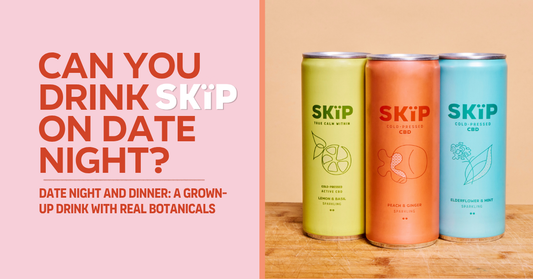 SKïP Lemon & Basil, Peach & Ginger and Elderflower & Mint cans beside the text “Can you drink SKïP on date night?”