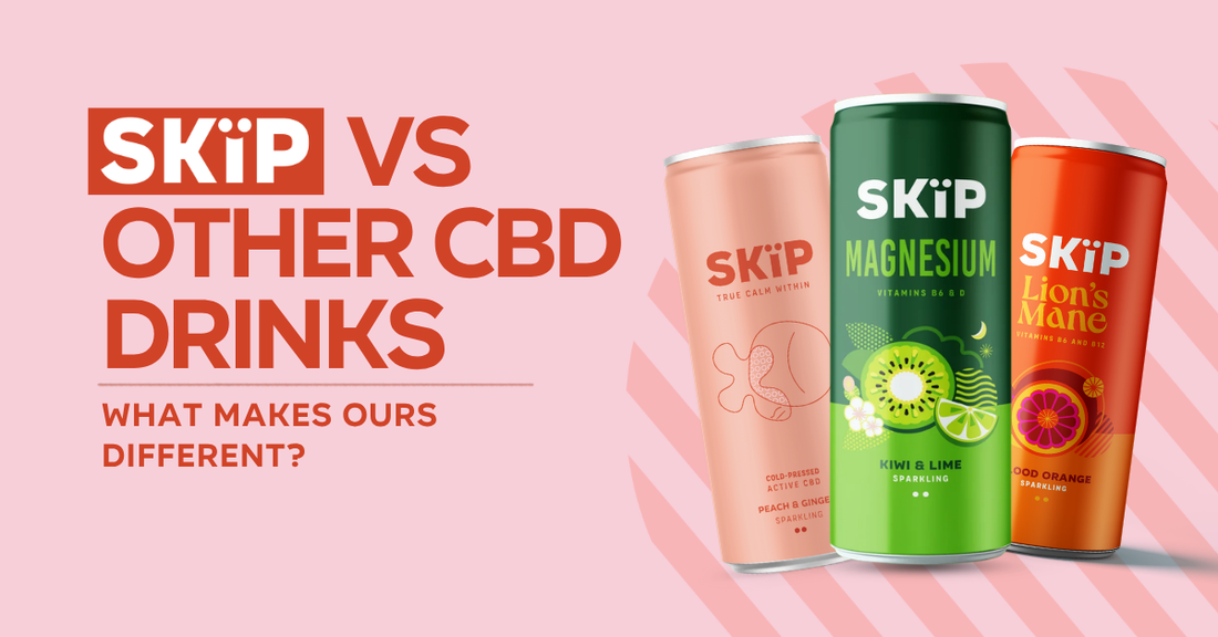 SKïP CBD drinks comparison graphic featuring Peach & Ginger CBD, Kiwi & Lime Magnesium and Blood Orange Lion’s Mane cans on a pink background.