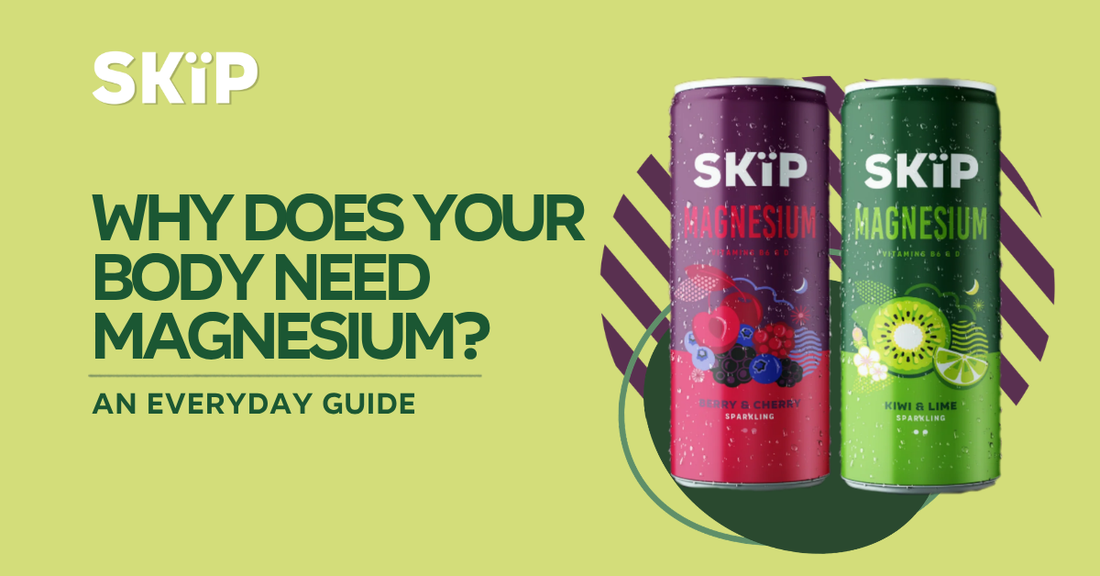 1. SKïP Magnesium Kiwi & Lime and Berry & Cherry cans beside the text “Why Does Your Body Need Magnesium? An Everyday Guide.”
