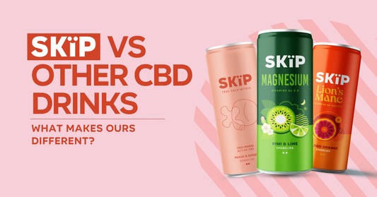 SKïP CBD drinks comparison graphic featuring Peach & Ginger CBD, Kiwi & Lime Magnesium and Blood Orange Lion’s Mane cans on a pink background.