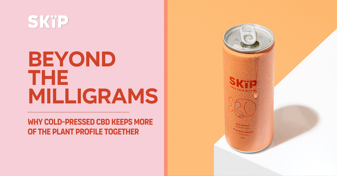 SKÏP blog graphic titled Beyond the Milligrams, featuring a chilled Peach & Ginger cold-pressed CBD can.