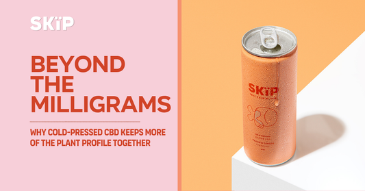 SKÏP blog graphic titled Beyond the Milligrams, featuring a chilled Peach & Ginger cold-pressed CBD can.