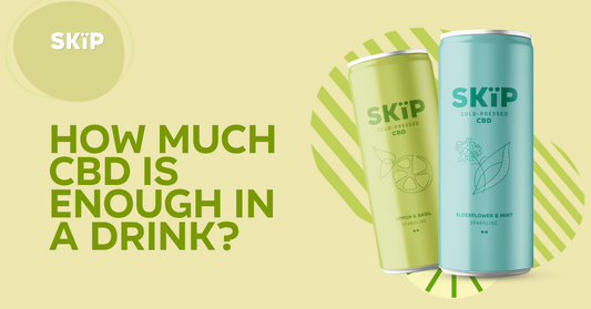 SKïP Lemon & Basil and Elderflower & Mint cold-pressed CBD cans beside the text “How much CBD is enough in a drink?”