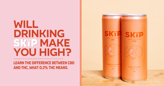 Two SKÏP Cold-Pressed CBD Peach & Ginger cans beside the headline “Will drinking SKÏP make you high?” on a pink and orange background.
