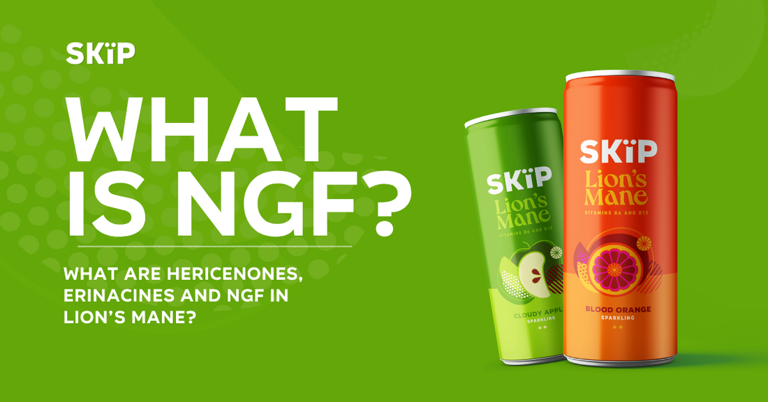 SKÏP Lion’s Mane Cloudy Apple and Blood Orange cans beside the headline “What is NGF?” on a green background.