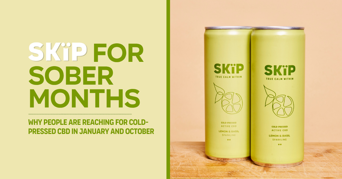 Two SKïP Lemon & Basil cold-pressed CBD cans beside the text “SKïP for sober months.”