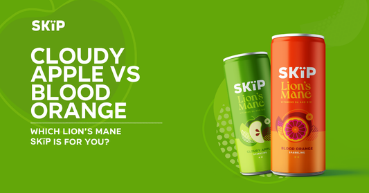 SKïP Cloudy Apple and Blood Orange Lion’s Mane cans with the text “Which Lion’s Mane SKïP is for you?”