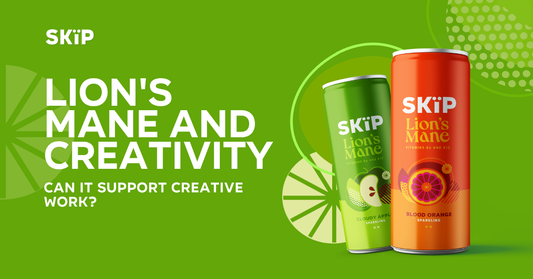 1. SKïP Lion’s Mane Cloudy Apple and Blood Orange cans beside the text “Lion’s Mane and Creativity: Can It Support Creative Work?”