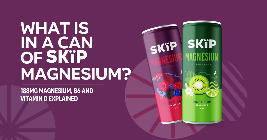 SKïP Magnesium Berry & Cherry and Kiwi & Lime cans beside the text “What Is in a Can of SKïP Magnesium? 188mg Magnesium, B6 and Vitamin D Explained.”