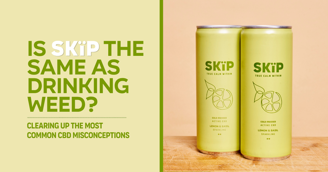 SKÏP blog graphic asking “Is SKÏP the same as drinking weed?” alongside two lemon and basil CBD drink cans.