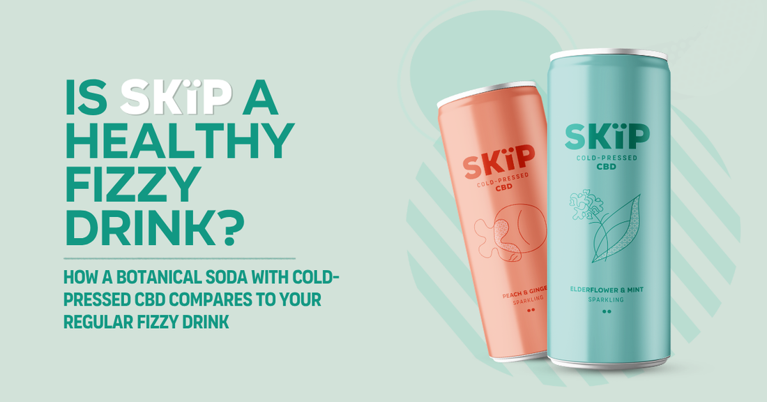 SKÏP blog graphic asking “Is SKÏP a healthy fizzy drink?” alongside peach and ginger and elderflower and mint CBD drink cans.