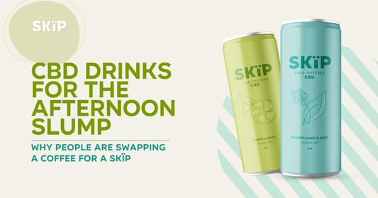 SKÏP Lemon & Basil and Elderflower & Mint CBD cans beside the text “CBD drinks for the afternoon slump.”