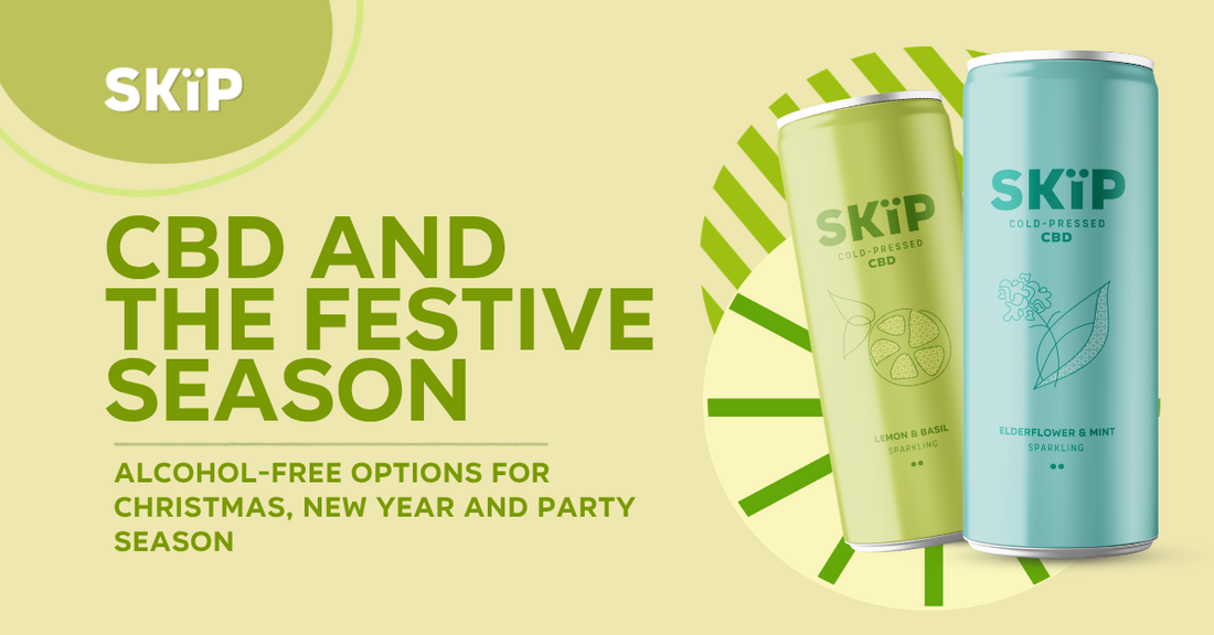 SKïP Lemon & Basil and Elderflower & Mint CBD cans with text highlighting alcohol-free options for Christmas, New Year and party season