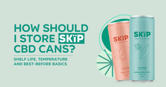 SKïP Peach & Ginger and Elderflower & Mint cans beside the heading ‘How should I store SKïP CBD cans?’ and shelf life, temperature and best-before basics