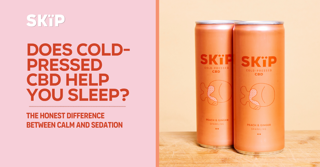 SKÏP Peach & Ginger CBD cans beside the question “Does cold-pressed CBD help you sleep?”
