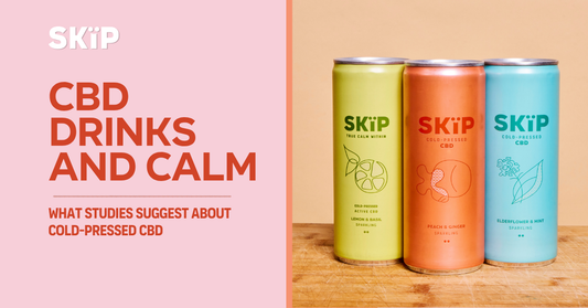 Three SKÏP CBD drink cans in Lemon & Basil, Peach & Ginger, and Elderflower & Mint beside the headline “CBD Drinks and Calm” on a pink and peach background.